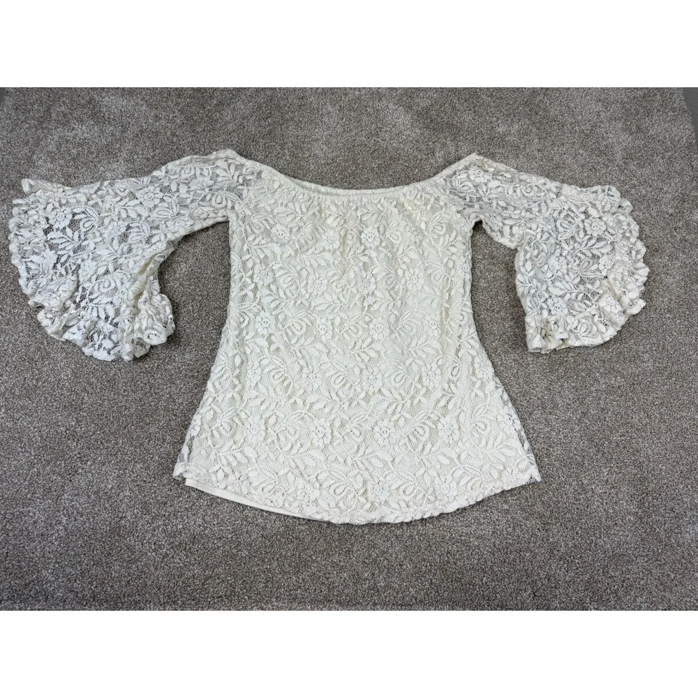 Entro‎ Women Cream Floral Lace Off Shoulder Bell Sleeve Ruffle Top T3119 Large